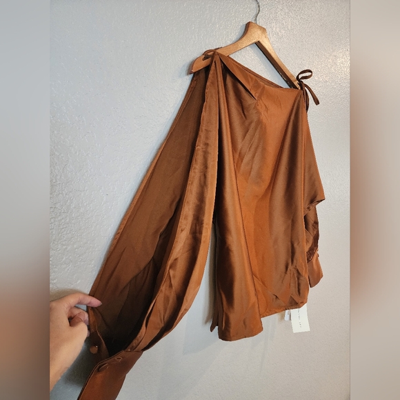 Satin Asymmetrical Cold Shoulder Tie Blouse - Picture 7 of 12